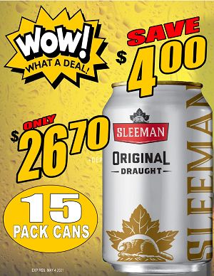 WOW!! Sleeman Original Draught - 15Pk can - Save 4.00 WOW!! WOW!! Sleeman Original Draught - 15Pk can - Save 4.00 WOW!!