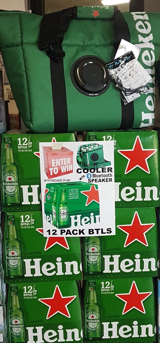 Heinekin Bag Enter to win a Heineken cooler bag with built in speaker! Purchase a 12PB of Heineken, and enter you name for a chance to win!!