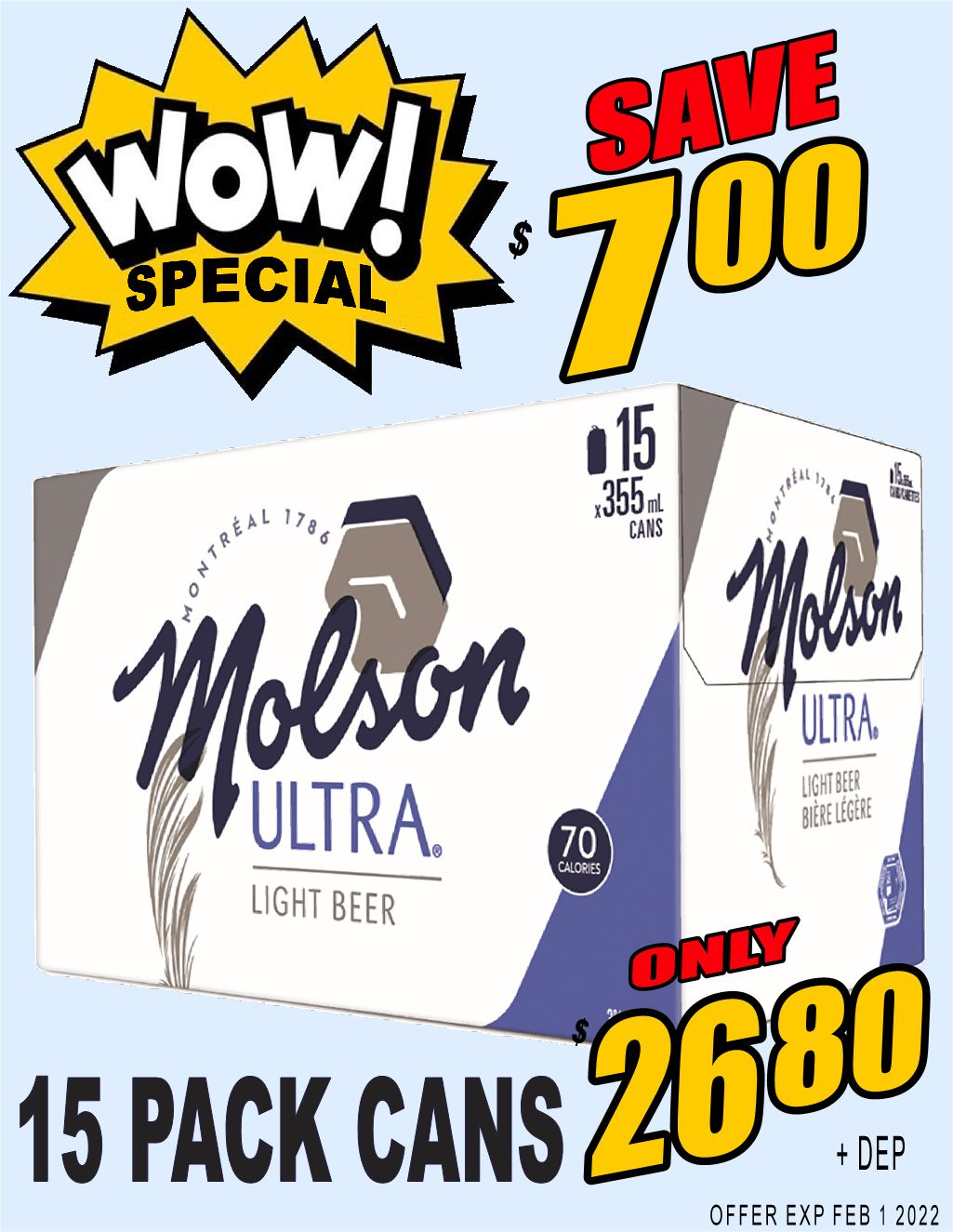 Molson Ultra - 15x355ml - Save $7.00!!  WOW!!