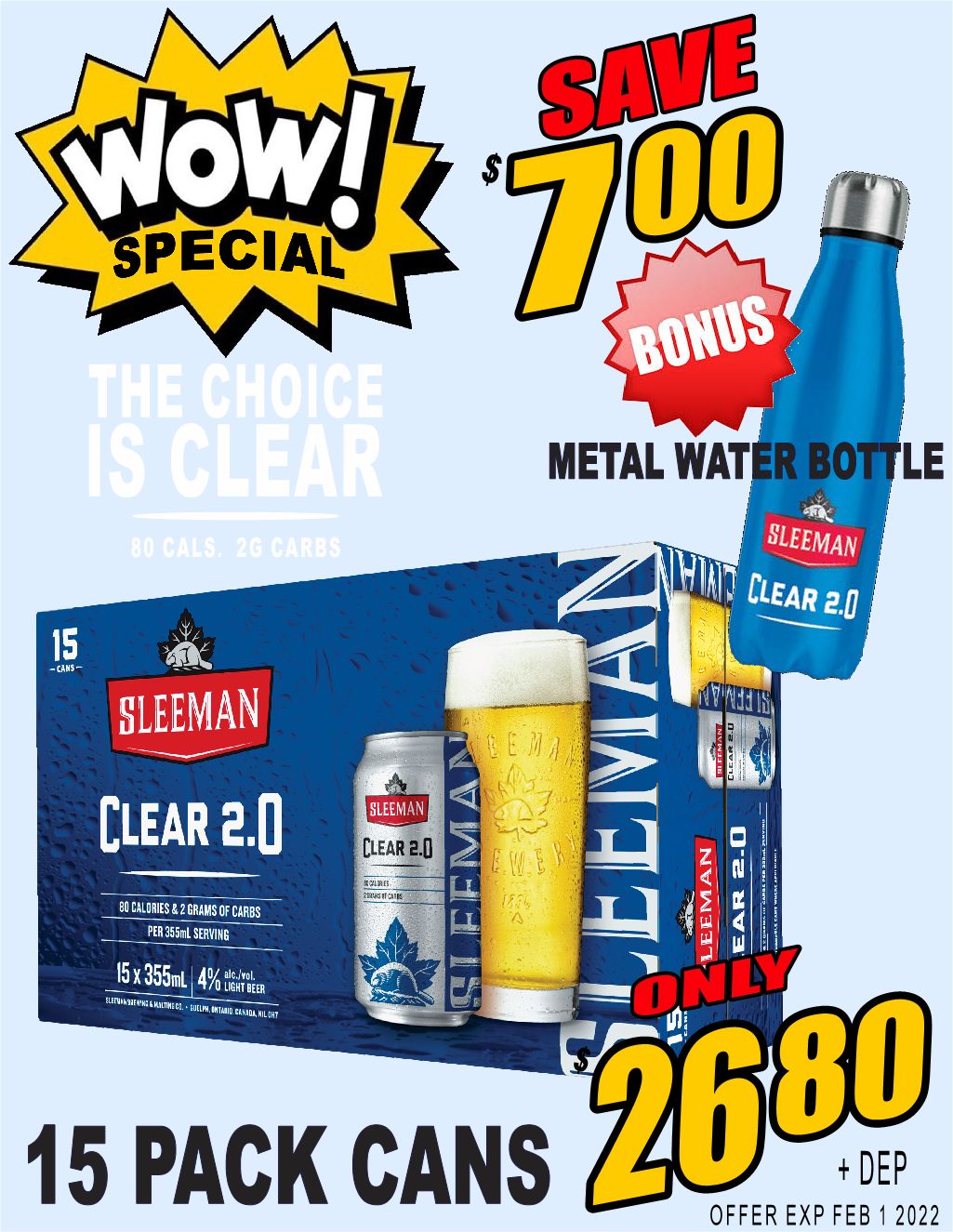 Sleeman clear 2.0% - 15x355ml - Save $7.00!!! WOW!!